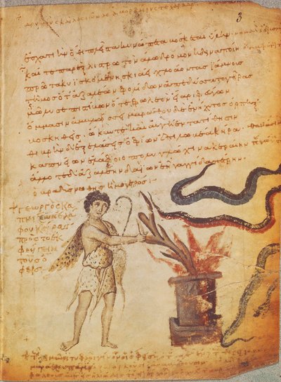 A Herdsman Burning Antlers to Banish Serpents, from the Theriaca of Nicander of Colophon by Byzantine
